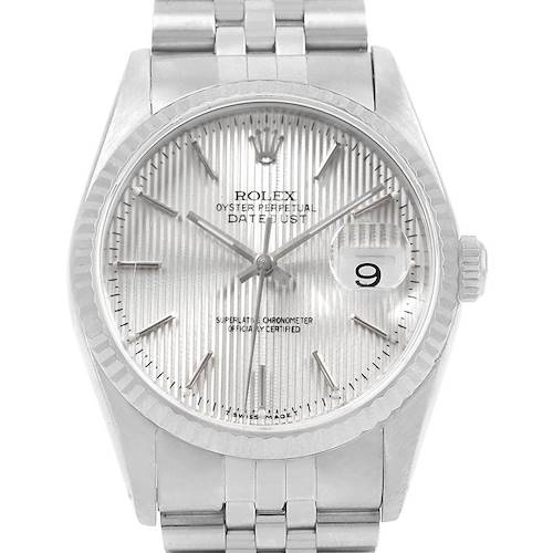 This image shows a frontal view of the Rolex Datejust 16234 Men's Stainless Steel Silver Dial 16234 Men's Stainless Steel Silver Dial watch, highlighting its dial, hands, and bracelet.