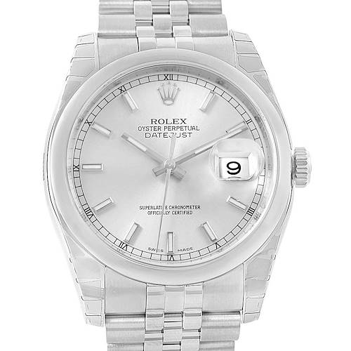 The image shows a front view of a Rolex Datejust 116200 Men's Stainless Steel Silver Dial 116200 Men's Stainless Steel Silver Dial watch, displaying the face, dial, bracelet, and crown.