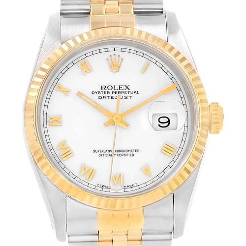 The Rolex Datejust 16233 Men's Steel and Gold (two tone) White Dial 16233 Men's Steel and Gold (two tone) White Dial watch is shown from a front angle, displaying its face, bezel, crown, and portion of the bracelet.