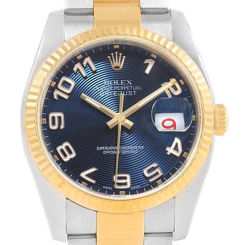 The image shows the face of a Rolex Datejust 116233 Men's Stainless Steel Blue Dial 116233 Men's Stainless Steel Blue Dial watch displaying the time, date, and various details at a front angle.