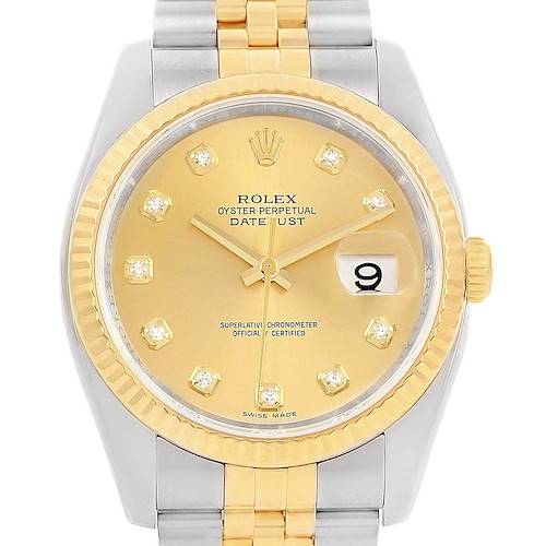 The Rolex Datejust 116233 Men's Stainless Steel Champagne Dial 116233 Men's Stainless Steel Champagne Dial watch is shown in a front-facing view, highlighting the dial, bezel, and bracelet.