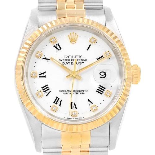 The image shows a front view of a Rolex Datejust 16233 Men's Steel and Gold (two tone) White Dial 16233 Men's Steel and Gold (two tone) White Dial watch, highlighting its face, bezel, and part of the bracelet.