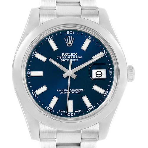 This image shows a frontal view of a Rolex Datejust 116300 Men's Stainless Steel Blue Dial 116300 Men's Stainless Steel Blue Dial watch, highlighting the dial, hour markers, date window, and part of the bracelet.