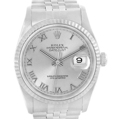 This image shows a front view of a Rolex Datejust 16234 Men's Stainless Steel Silver Dial 16234 Men's Stainless Steel Silver Dial watch featuring a silver dial, Roman numerals, and a date display at 3 o'clock.
