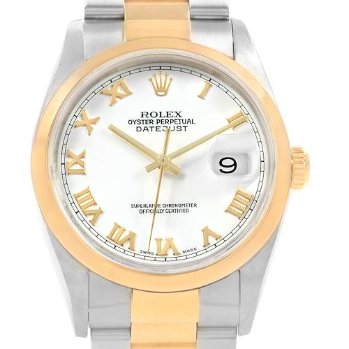 This image shows a front view of a Rolex Datejust 16203 Men's Steel and Gold (two tone) White Dial 16203 Men's Steel and Gold (two tone) White Dial watch, highlighting its dial, bezel, and part of the bracelet.