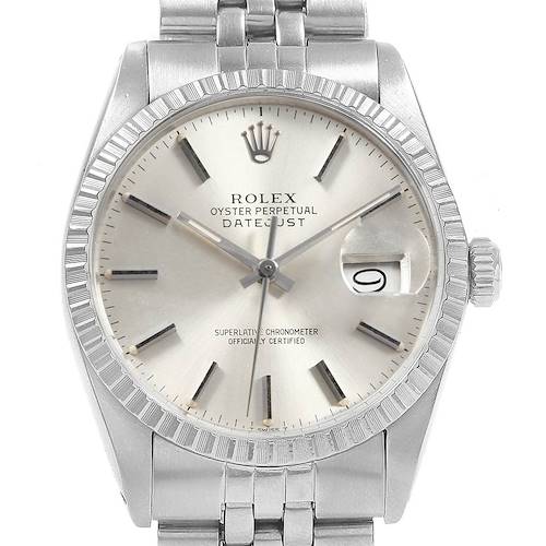 This image shows a front view of a Rolex Datejust 16030 Men's Stainless Steel Silver Dial 16030 Men's Stainless Steel Silver Dial watch, highlighting the dial, hour markers, hands, and date window.