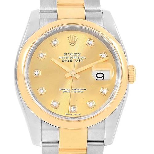 This image shows the front view of a Rolex Datejust 116203 Men's Stainless Steel Champagne Dial 116203 Men's Stainless Steel Champagne Dial watch, highlighting the dial with date, hands, and part of the bracelet.