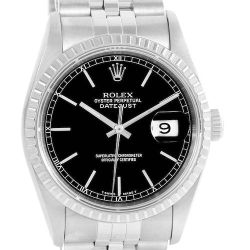 This image shows a front view of a Rolex Datejust 16220 Men's Stainless Steel Black Dial 16220 Men's Stainless Steel Black Dial watch, highlighting the black dial, date window, and stainless steel bracelet.