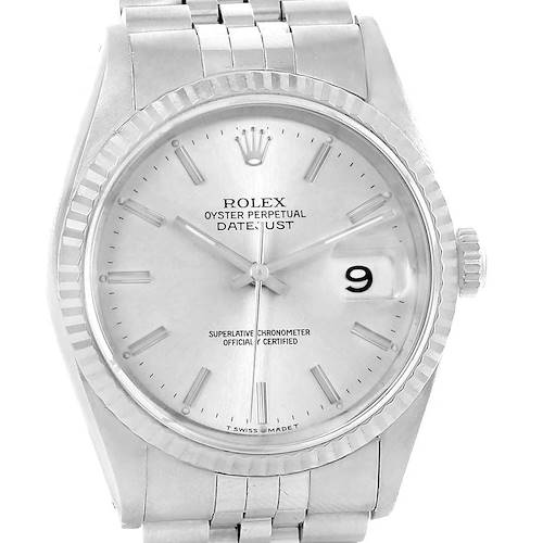 The image shows a front view of a Rolex Datejust 16234 Men's Stainless Steel Silver Dial 16234 Men's Stainless Steel Silver Dial watch, displaying its silver dial, bezel, bracelet, and date window at 3 o'clock.