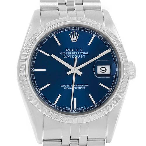 This image shows a Rolex Datejust 16220 Men's Stainless Steel Blue Dial 16220 Men's Stainless Steel Blue Dial watch, viewed from the front, displaying the dial, crown, and part of the bracelet.