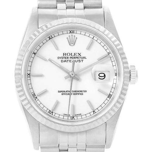 The image shows a front view of a Rolex Datejust 16234 Men's Stainless Steel White Dial 16234 Men's Stainless Steel White Dial watch, highlighting its white dial, bezel, and metal bracelet.