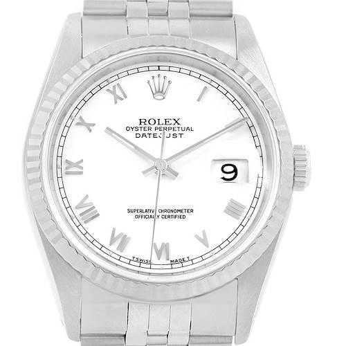 This image shows a front view of the Rolex Datejust 16234 Men's Stainless Steel White Dial 16234 Men's Stainless Steel White Dial watch, displaying the face, hands, bezel, and part of the bracelet.