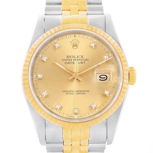 The image shows a Rolex Datejust 16013 Men's Stainless Steel Champagne Dial 16013 Men's Stainless Steel Champagne Dial watch with a gold dial, fluted bezel, and two-tone metal bracelet from a front angle.