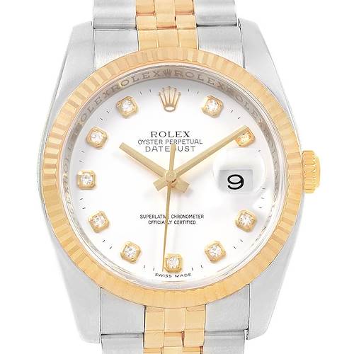 The image shows a front view of a Rolex Datejust 116233 Men's Stainless Steel White Dial 116233 Men's Stainless Steel White Dial watch, highlighting the dial, hands, bezel, and part of the bracelet.