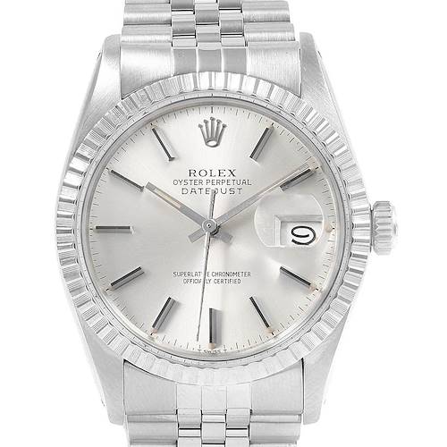This image shows the front view of a Rolex Datejust 16030 Men's Stainless Steel Silver Dial 16030 Men's Stainless Steel Silver Dial watch, highlighting its dial, bezel, bracelet, and date window.