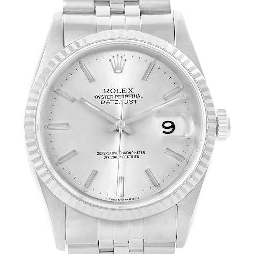 This image shows a front view of a Rolex Datejust 16234 Men's Stainless Steel White Dial 16234 Men's Stainless Steel White Dial watch, highlighting the dial, hands, bezel, and the bracelet.