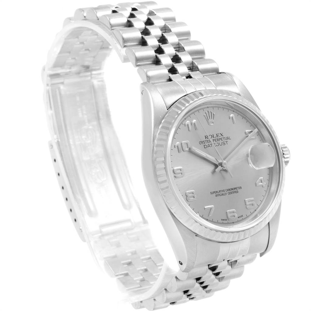 The image shows a three-quarter angle of a Rolex Datejust 16234 Men's Stainless Steel Silver Dial 16234 Men's Stainless Steel Silver Dial watch, highlighting its dial, bezel, and bracelet.