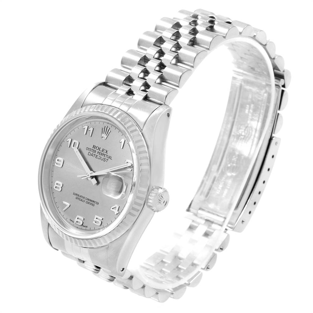 The image shows a Rolex Datejust 16234 Men's Stainless Steel Silver Dial 16234 Men's Stainless Steel Silver Dial watch at a three-quarter angle, highlighting the dial, bezel, crown, and bracelet.