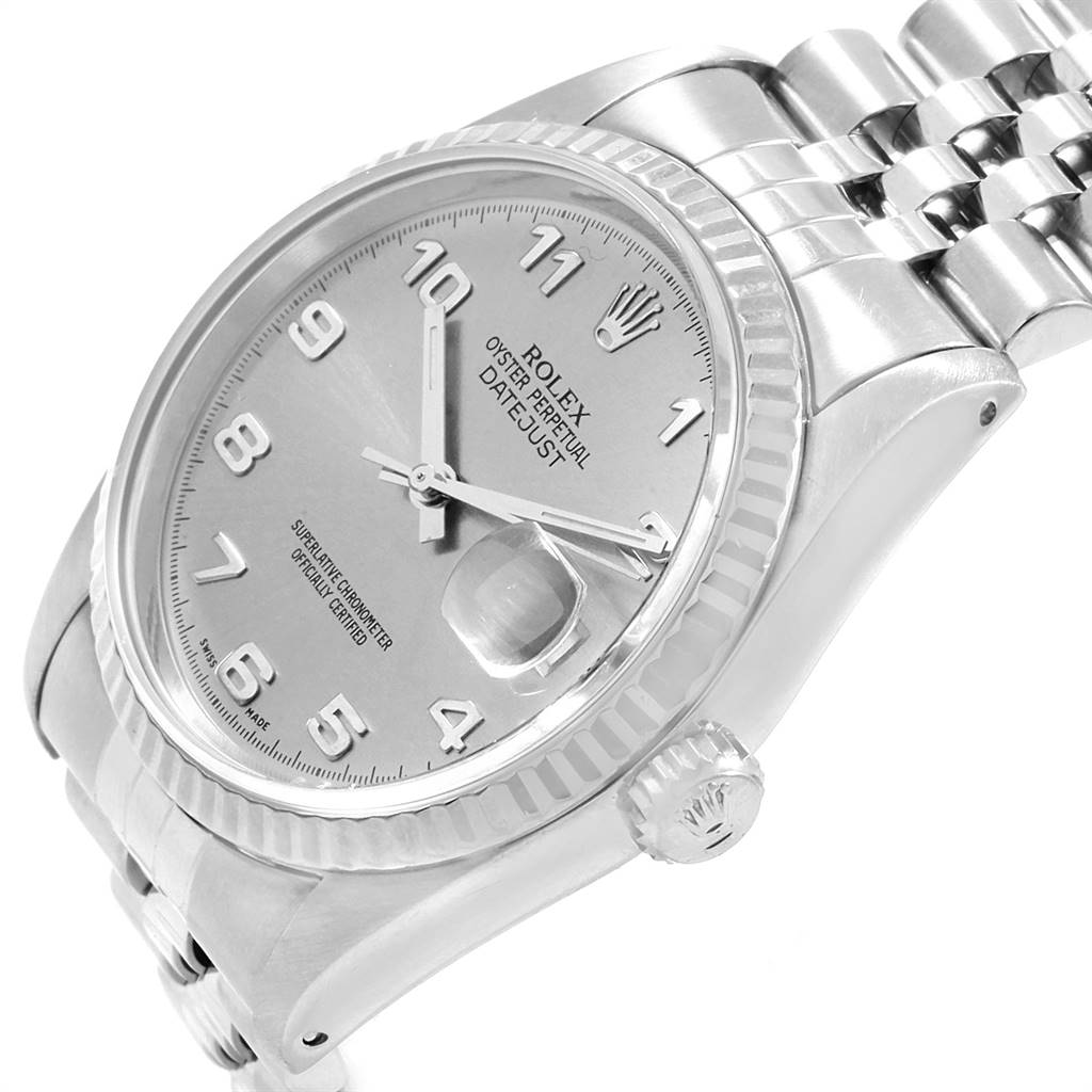 The image displays an angled view of a Rolex Datejust 16234 Men's Stainless Steel Silver Dial 16234 Men's Stainless Steel Silver Dial, showing the dial, bezel, crown, and part of the bracelet.
