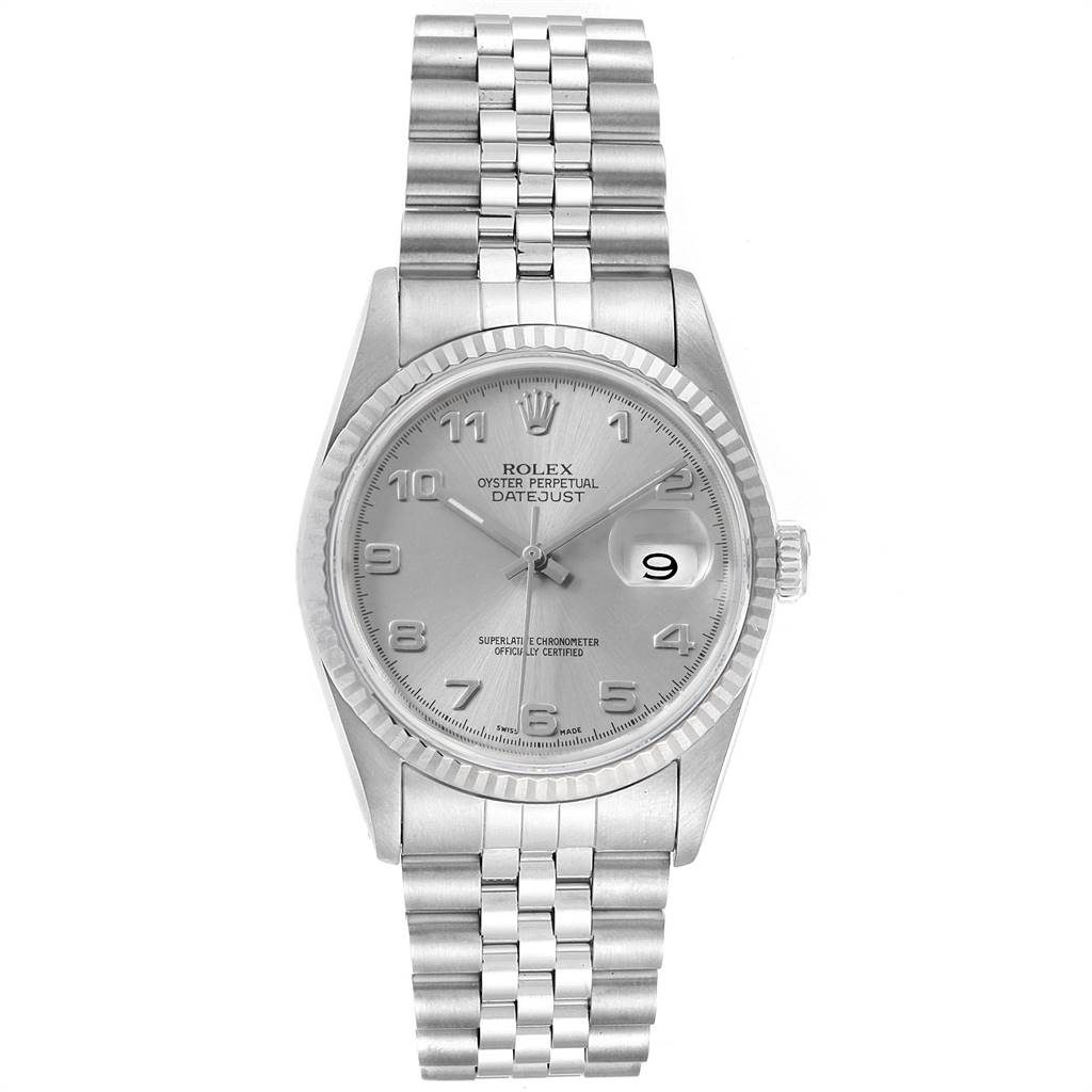 The image shows a front view of a Rolex Datejust 16234 Men's Stainless Steel Silver Dial 16234 Men's Stainless Steel Silver Dial watch, highlighting its face, bezel, and bracelet.