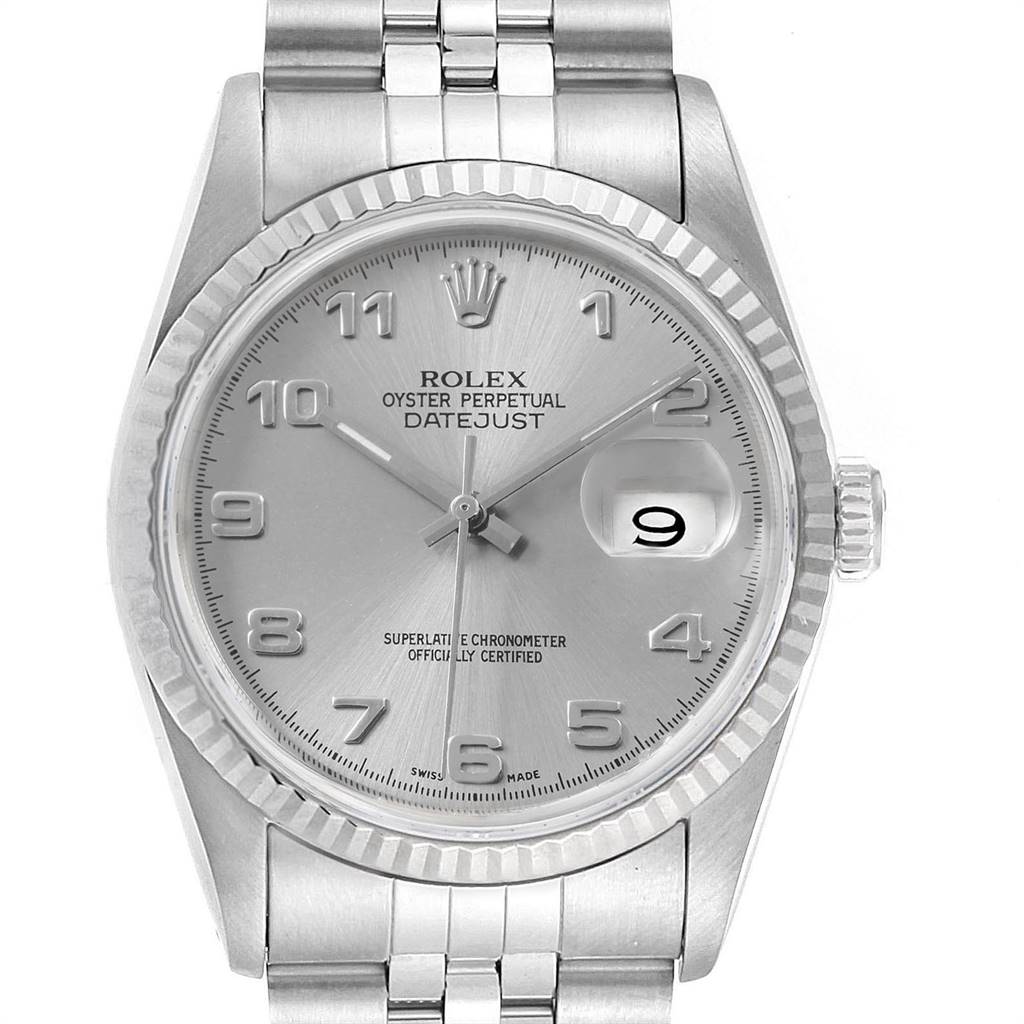 This image shows a close-up, top-down view of a Rolex Datejust 16234 Men's Stainless Steel Silver Dial 16234 Men's Stainless Steel Silver Dial watch displaying its dial, bezel, and partial bracelet.