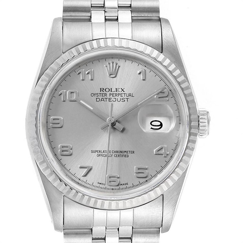 This image shows a close-up, top-down view of a Rolex Datejust 16234 Men's Stainless Steel Silver Dial 16234 Men's Stainless Steel Silver Dial watch displaying its dial, bezel, and partial bracelet.