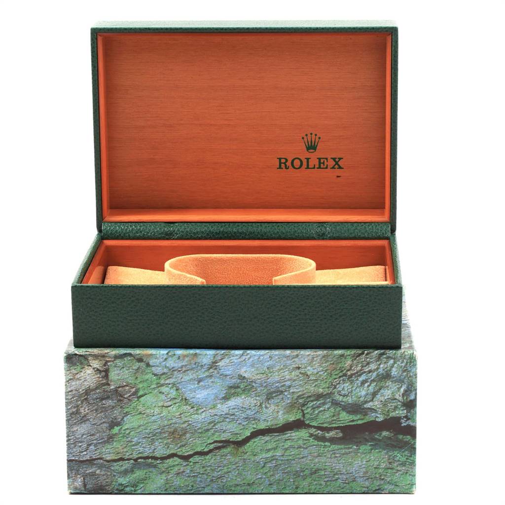 This image shows a Rolex Datejust 16234 Men's Stainless Steel Silver Dial 16234 Men's Stainless Steel Silver Dial watch box, opened to display its inner compartments and cushion.