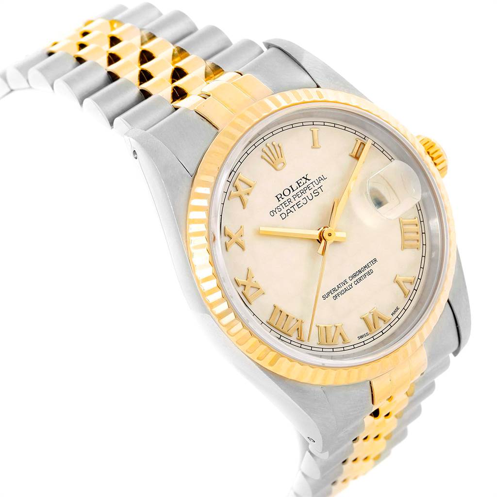 The Rolex Datejust 16233 Men's Steel and Gold (two tone) Beige Dial 16233 Men's Steel and Gold (two tone) Beige Dial watch is shown at an angle highlighting the dial, bezel, bracelet, and crown.