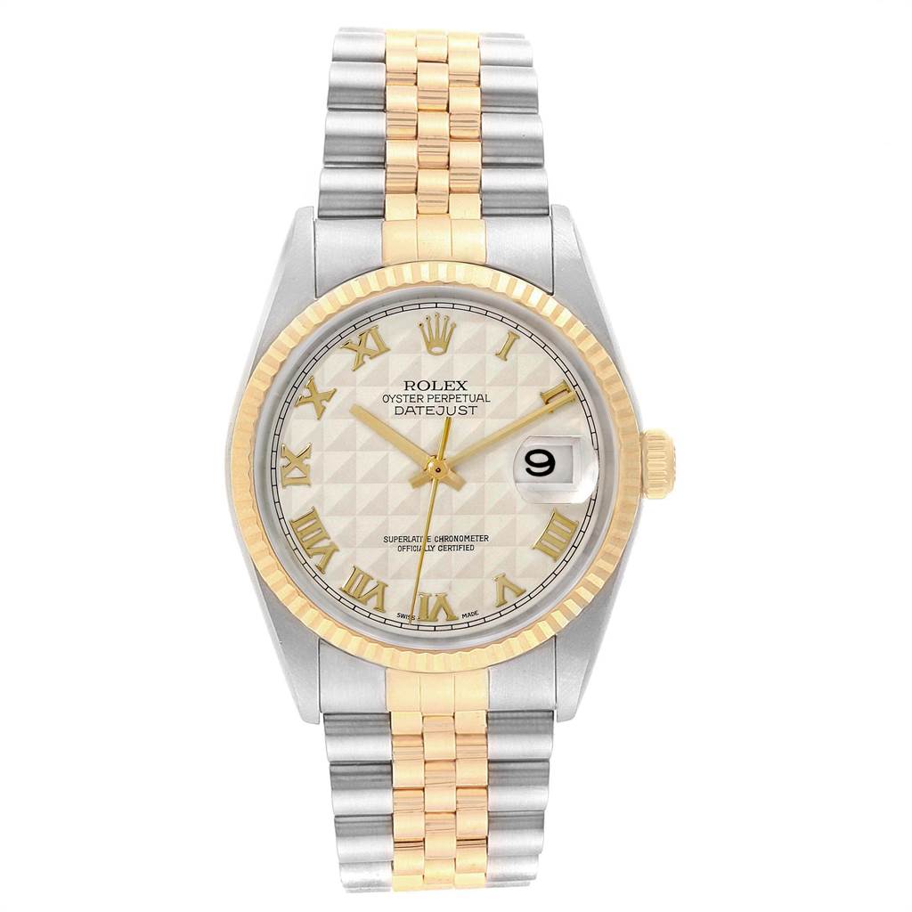 The Rolex Datejust 16233 Men's Steel and Gold (two tone) Beige Dial 16233 Men's Steel and Gold (two tone) Beige Dial watch is displayed from a straight-on angle, showing the full face and two-tone bracelet.