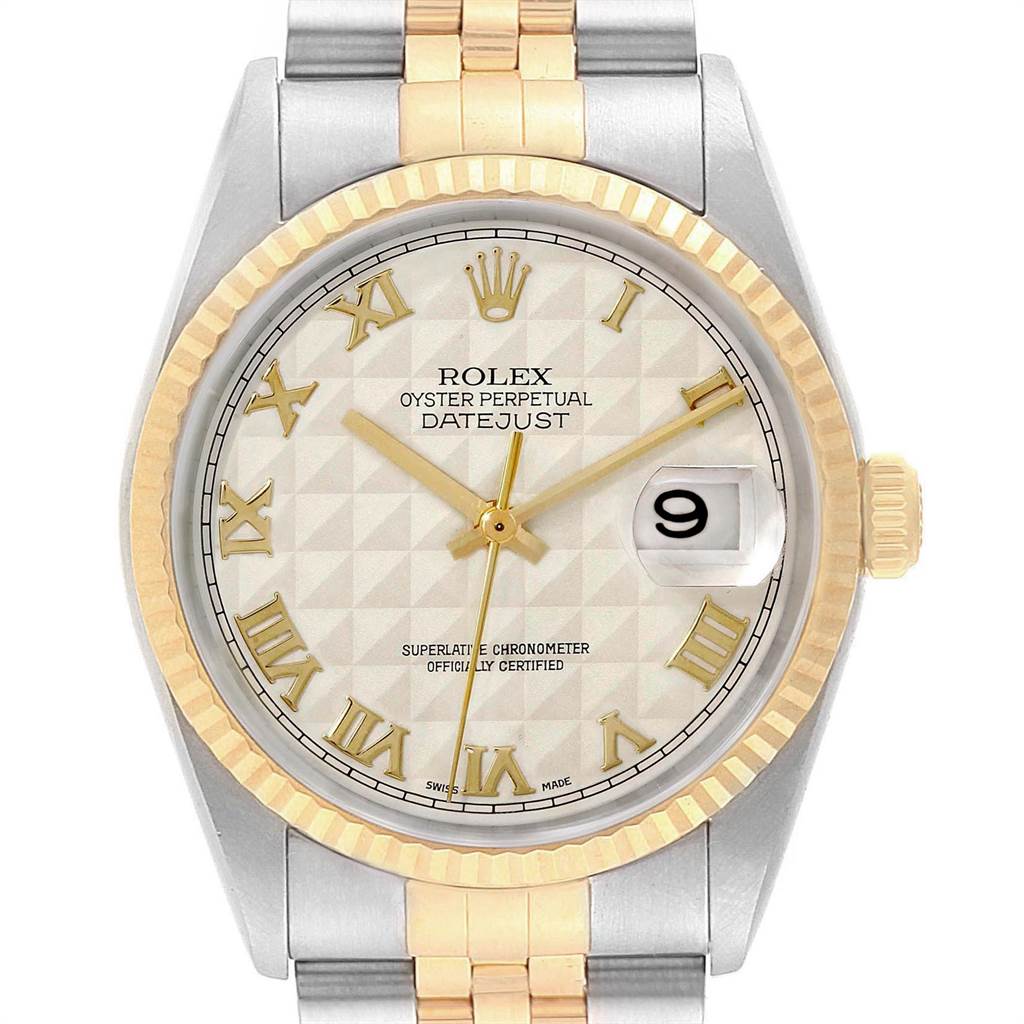 The image shows a front view of a Rolex Datejust 16233 Men's Steel and Gold (two tone) Beige Dial 16233 Men's Steel and Gold (two tone) Beige Dial watch, highlighting the dial, bezel, hands, and part of the bracelet.