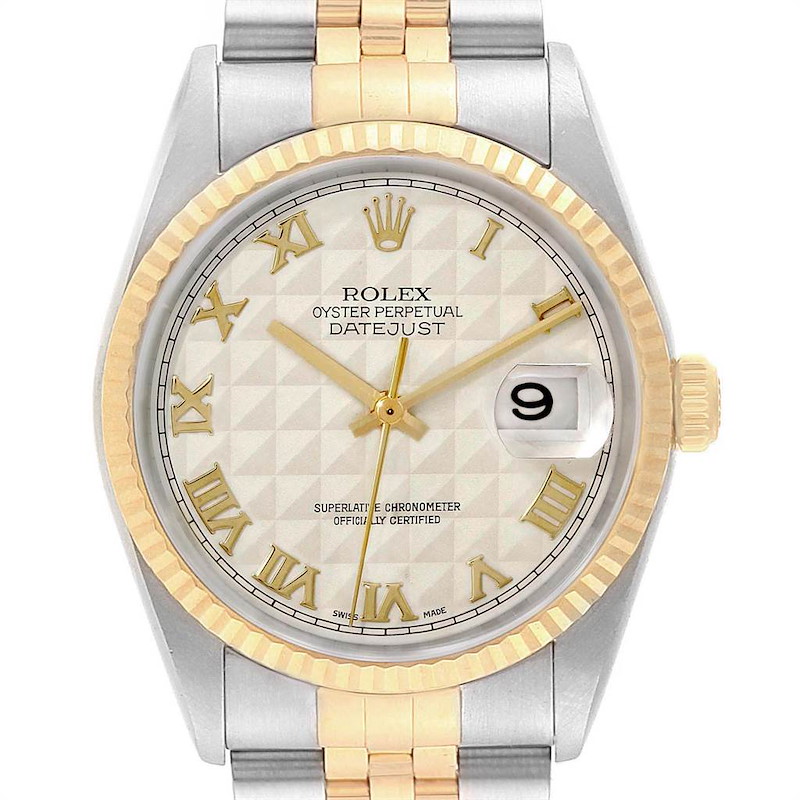 The image shows a front view of a Rolex Datejust 16233 Men's Steel and Gold (two tone) Beige Dial 16233 Men's Steel and Gold (two tone) Beige Dial watch, highlighting the dial, bezel, hands, and part of the bracelet.