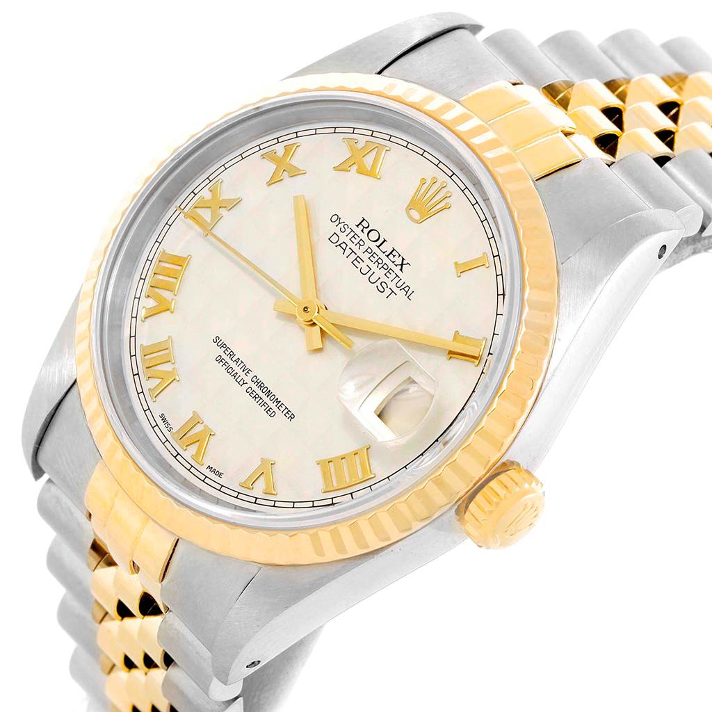 The Rolex Datejust 16233 Men's Steel and Gold (two tone) Beige Dial 16233 Men's Steel and Gold (two tone) Beige Dial watch is shown at an angled close-up, displaying its dial, fluted bezel, crown, and part of the jubilee bracelet.