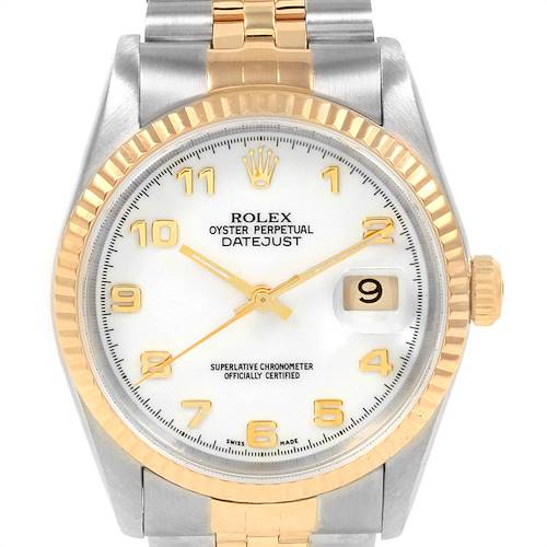 The image shows a face-on view of the Rolex Datejust 16233 Men's Steel and Gold (two tone) White Dial 16233 Men's Steel and Gold (two tone) White Dial watch, displaying the dial, hands, bezel, and a portion of the bracelet.