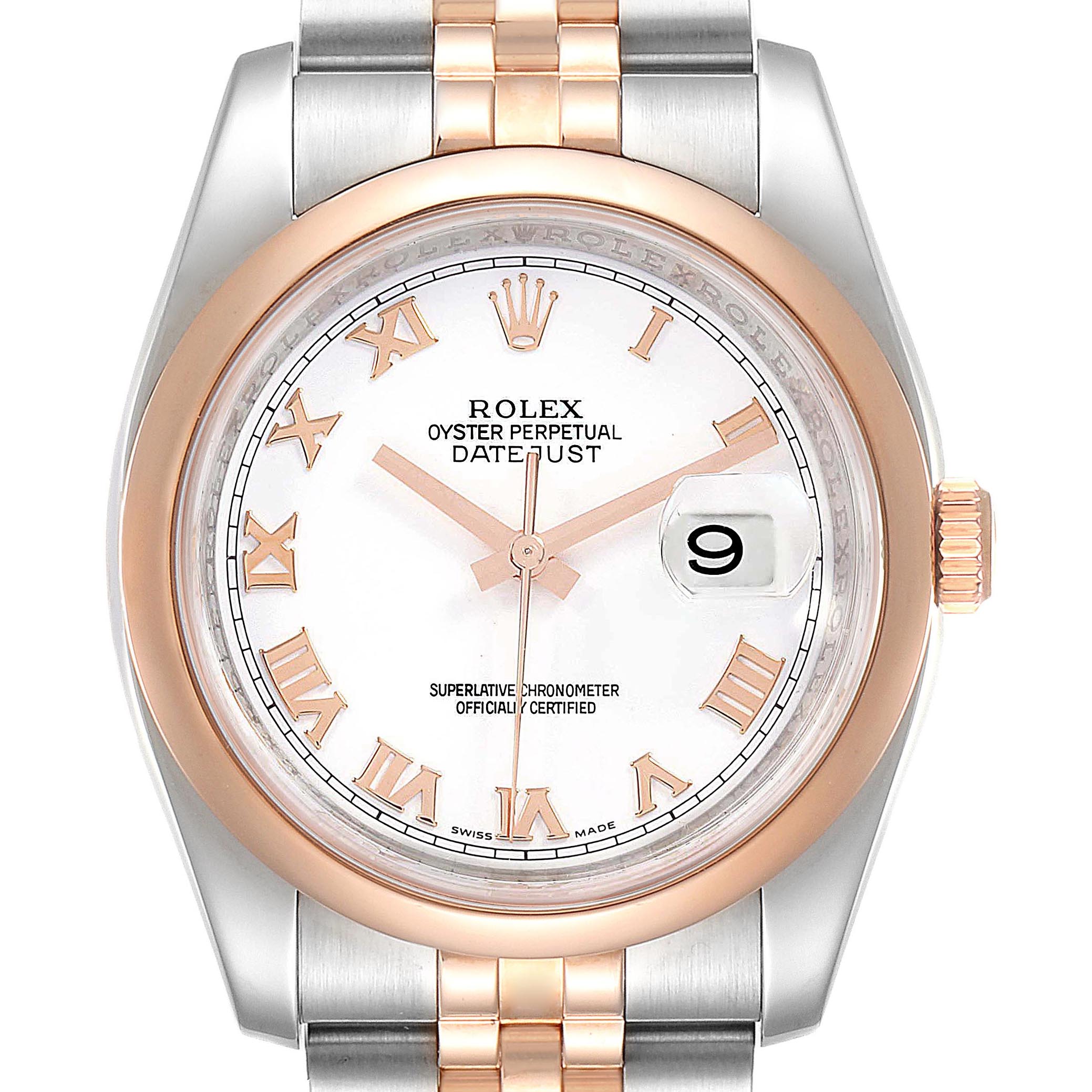 This image shows a frontal view of a Rolex Datejust 116201 Men's Steel and Gold (two tone) White Dial 116201 Men's Steel and Gold (two tone) White Dial watch, highlighting its dial, bezel, crown, and part of the bracelet.