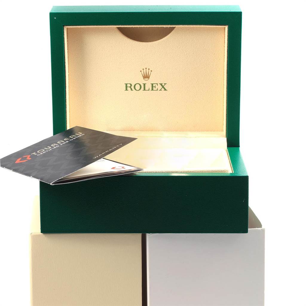 The image shows an open Rolex Datejust 116201 Men's Steel and Gold (two tone) White Dial 116201 Men's Steel and Gold (two tone) White Dial watch box with a booklet, viewed from the front.