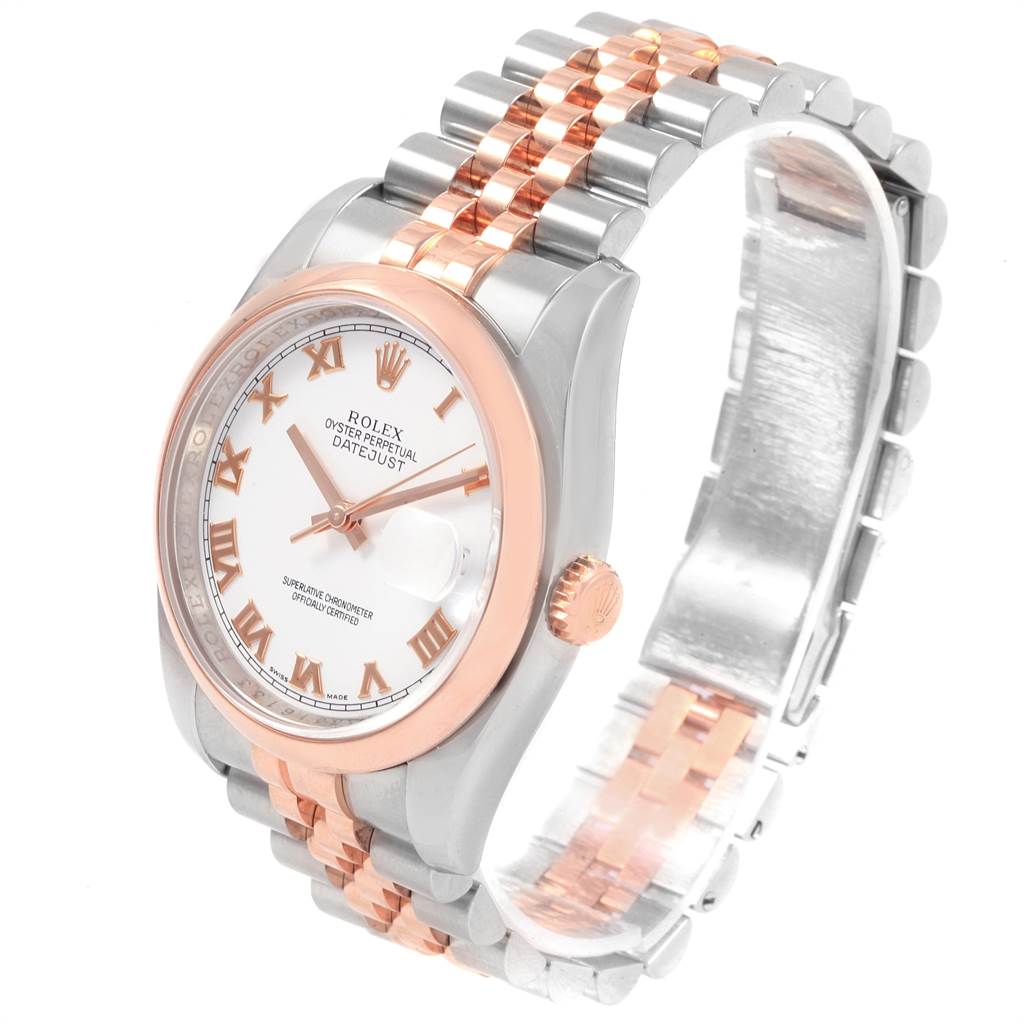 The image shows a Rolex Datejust 116201 Men's Steel and Gold (two tone) White Dial 116201 Men's Steel and Gold (two tone) White Dial watch at an angled side view, highlighting its two-tone bracelet, bezel, and dial with Roman numerals.