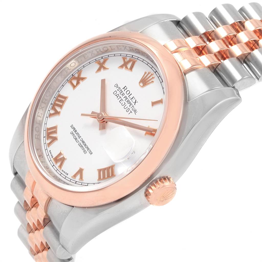 The Rolex Datejust 116201 Men's Steel and Gold (two tone) White Dial 116201 Men's Steel and Gold (two tone) White Dial model watch is shown at a slight angle, displaying its face, crown, and part of the Jubilee bracelet.