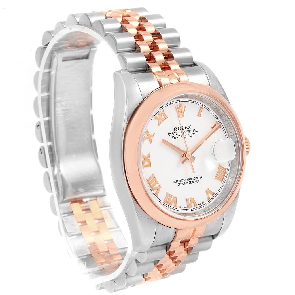 The image shows a Rolex Datejust 116201 Men's Steel and Gold (two tone) White Dial 116201 Men's Steel and Gold (two tone) White Dial watch at an angle, highlighting its two-tone bracelet, bezel, and dial with Roman numerals.