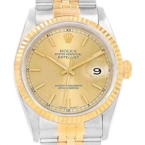This image shows a front view of the Rolex Datejust 16233 Men's Steel and Gold (two tone) Champagne Dial 16233 Men's Steel and Gold (two tone) Champagne Dial watch, highlighting its gold dial, fluted bezel, and two-tone bracelet.