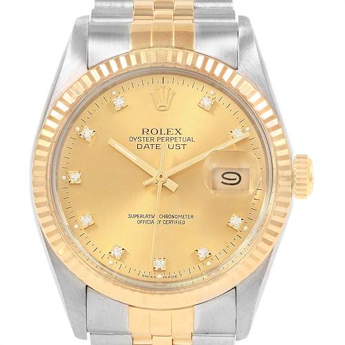 The image shows a front view of a Rolex Datejust 16013 Men's Stainless Steel Champagne Dial 16013 Men's Stainless Steel Champagne Dial watch, highlighting the dial, bezel, bracelet, and crown.