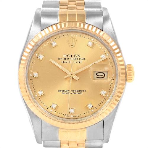 The image shows a front view of a Rolex Datejust 16013 Men's Stainless Steel Champagne Dial 16013 Men's Stainless Steel Champagne Dial watch, featuring a gold dial, diamond markers, and a bi-metal bracelet.