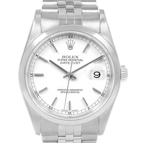 The image shows the front view of a Rolex Datejust 16200 Men's Stainless Steel White Dial 16200 Men's Stainless Steel White Dial watch, highlighting its dial, hands, date window, and part of the bracelet.