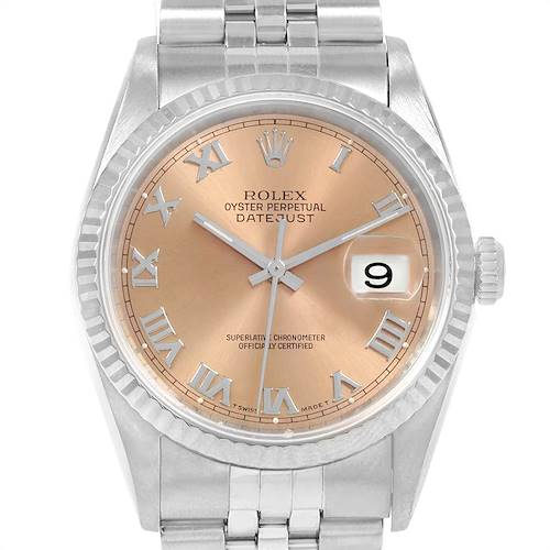 This image shows a close-up front view of the Rolex Datejust 16234 Men's Stainless Steel Pink Dial 16234 Men's Stainless Steel Pink Dial, highlighting its face, bezel, crown, and part of the bracelet.