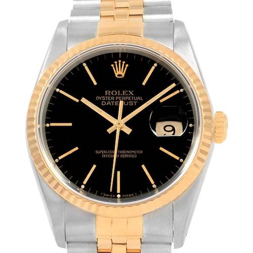 The image shows a front view of a Rolex Datejust 16233 Men's Steel and Gold (two tone) Black Dial 16233 Men's Steel and Gold (two tone) Black Dial watch, highlighting its black dial, gold accents, and stainless steel and gold bracelet.