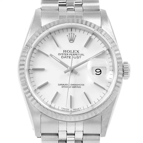 The image shows a front view of a Rolex Datejust 16234 Men's Stainless Steel White Dial 16234 Men's Stainless Steel White Dial watch, highlighting its face, hour markers, hands, and date window.