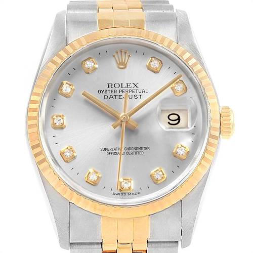 The image shows a front view of a Rolex Datejust 16233 Men's Steel and Gold (two tone) Silver Dial 16233 Men's Steel and Gold (two tone) Silver Dial watch, highlighting its dial, bezel, and part of the bracelet.