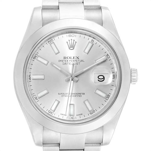 The image shows a front view of a Rolex Datejust 116300 Men's Stainless Steel Silver Dial 116300 Men's Stainless Steel Silver Dial watch, highlighting its dial, hands, hour markers, date window, and bracelet.