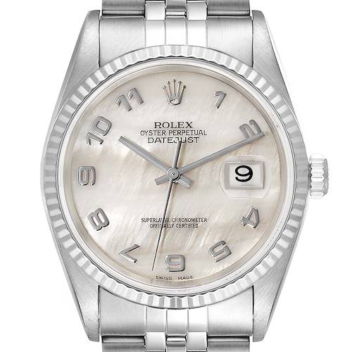 This image shows a front view of the Rolex Datejust 16234 Men's Stainless Steel Mother of Pearl Dial 16234 Men's Stainless Steel Mother of Pearl Dial watch, highlighting its face, bezel, crown, and bracelet links.