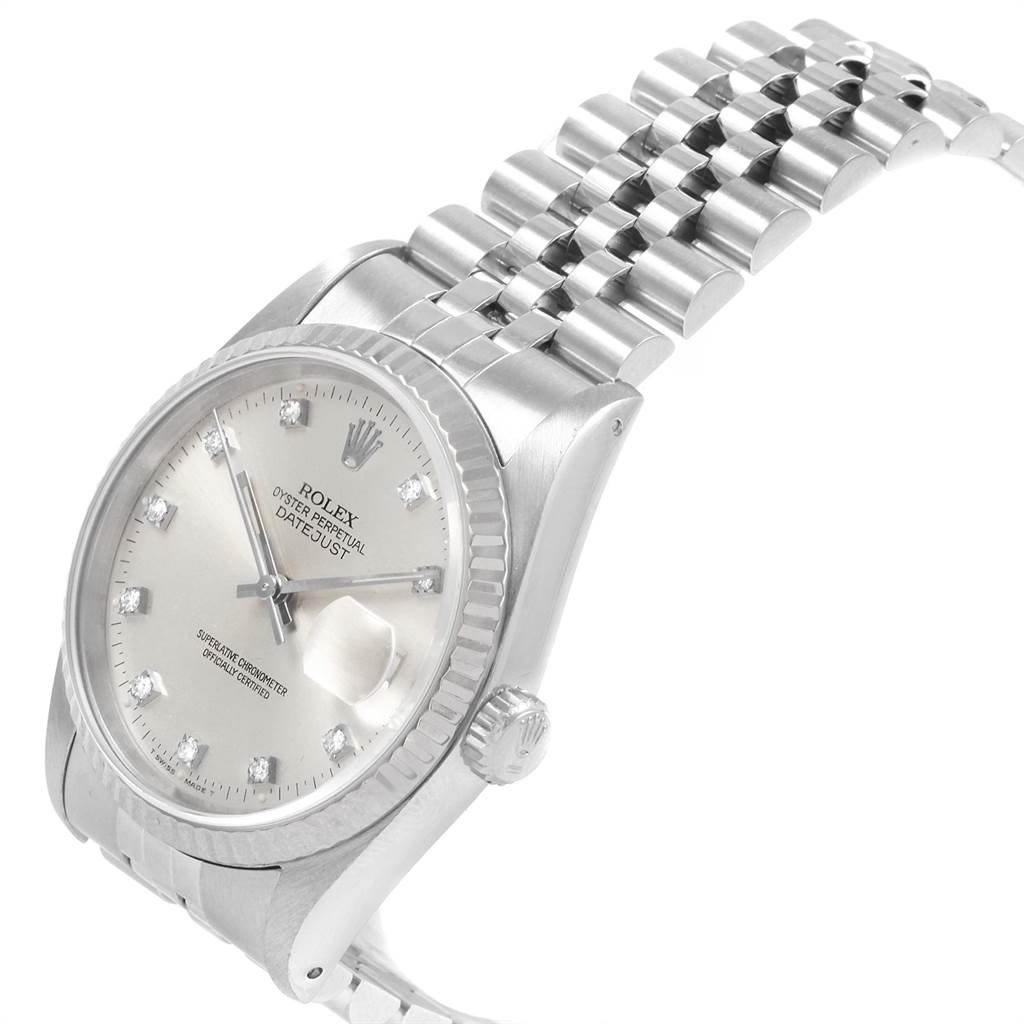 This image shows the Rolex Datejust 16234 Men's Stainless Steel Silver Dial 16234 Men's Stainless Steel Silver Dial watch at an angled side view, highlighting the face, bezel, crown, and part of the bracelet.