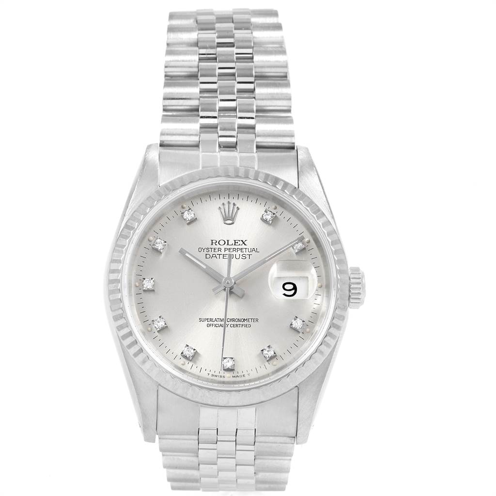This image shows the front view of a Rolex Datejust 16234 Men's Stainless Steel Silver Dial 16234 Men's Stainless Steel Silver Dial watch, highlighting the dial, bezel, bracelet, and date window.